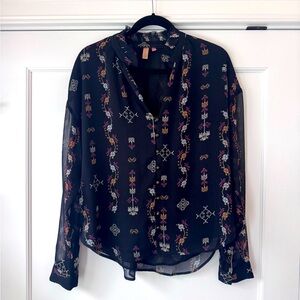 Anthropologie Pilcro Black Sheer Blouse with Multicolor Patterns